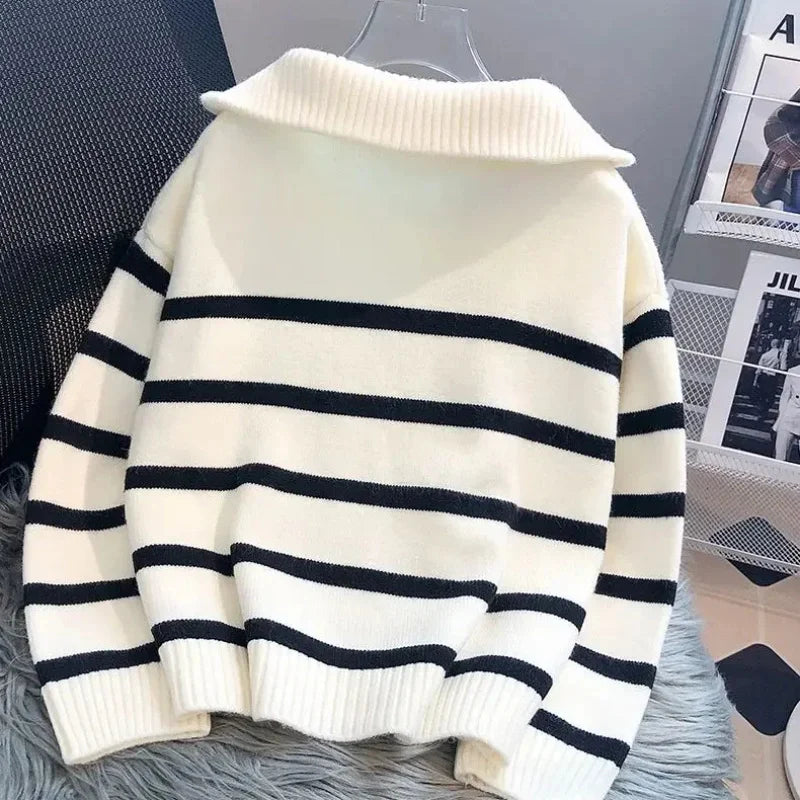 Norvielle Damen Pullover Mit Reißverschluss Weiß Gestreift