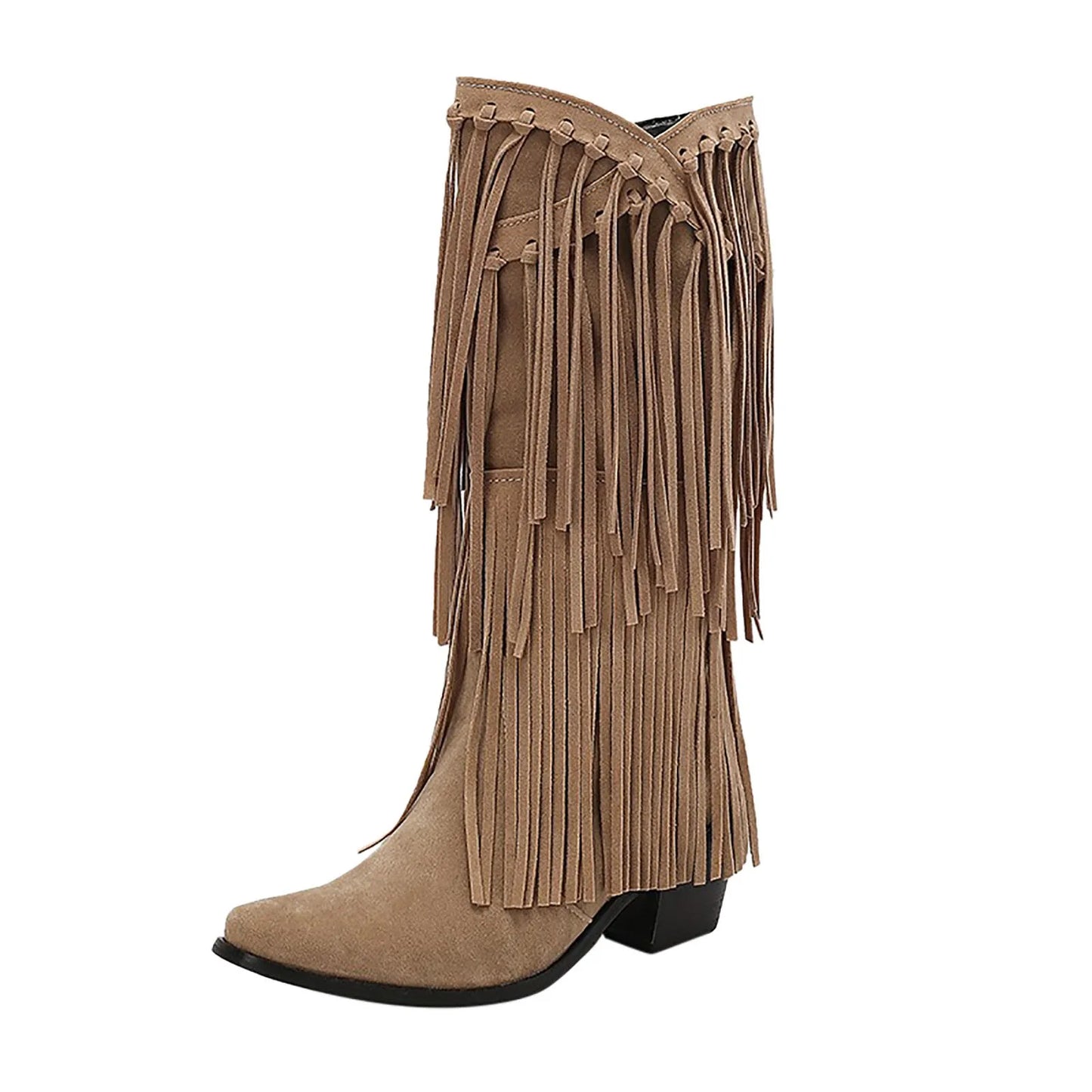 Damen Stiefel Fransen Blockabsatz