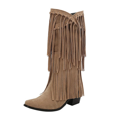 Damen Stiefel Fransen Blockabsatz