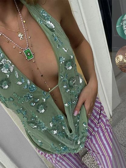 Damen Neckholder- Pailletten Stickerei Tiefes Dekolleté