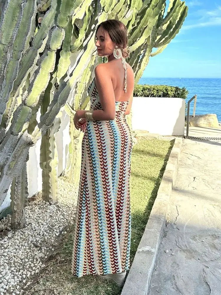 Damen Maxikleid Retro-Wellenmuster Rückenfrei Figurbetonend