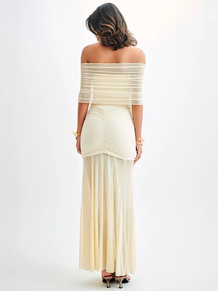 Damen Maxi-Kleid Off-Shoulder Mesh Elegantes Design