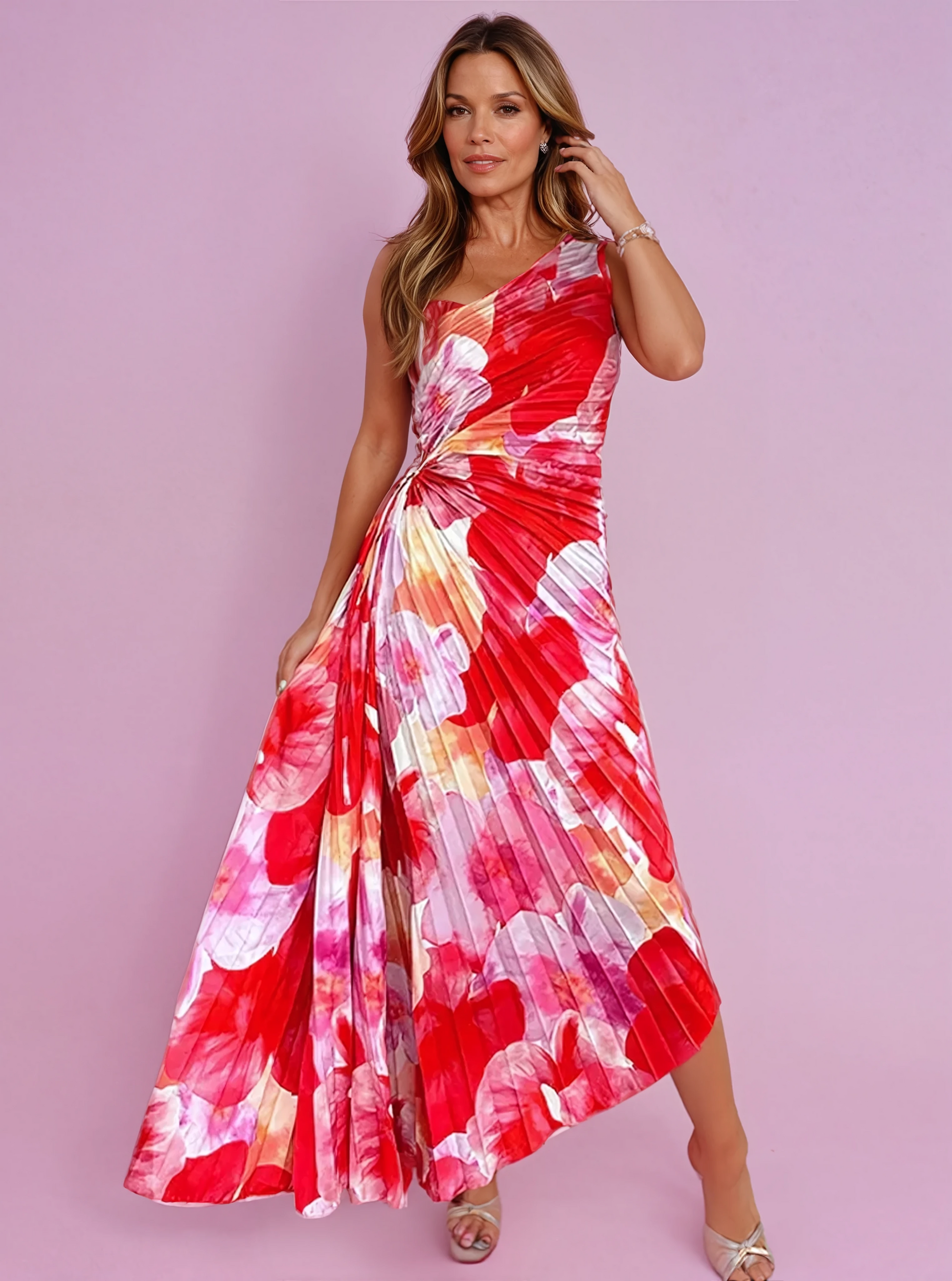 Damen Plisseekleid Ein-Schulter-Design Blumenmuster Elegantes Kleid - Norvielle