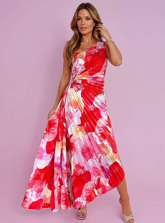 Elegantes Damen One-Shoulder-Kleid Plissiert Floralmuster - Norvielle