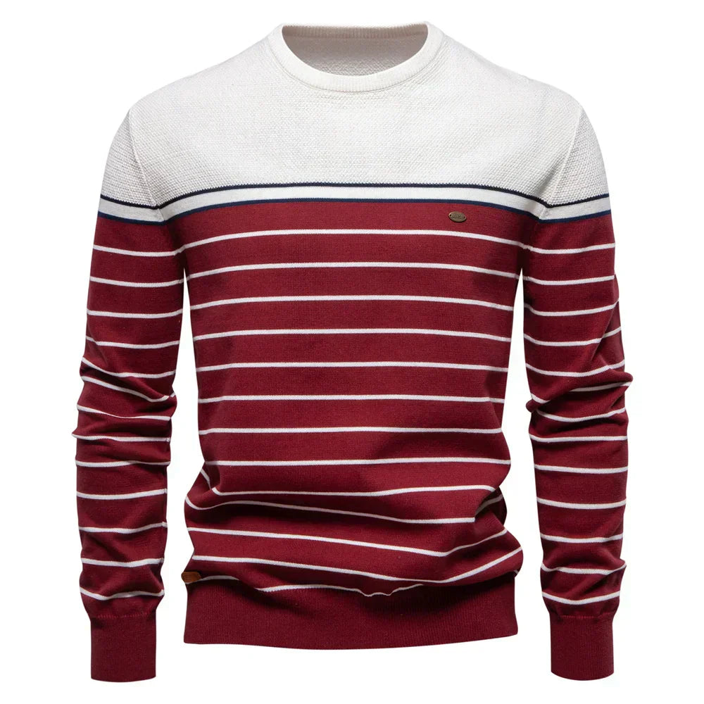 Herren Pullover Streifenmuster Merino-Wolle Bequem Marineblau
