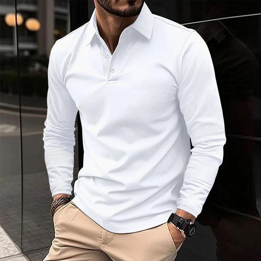 Herren Langarm Polo-Shirt Lässig Baumwolle Weiß - Eveloria