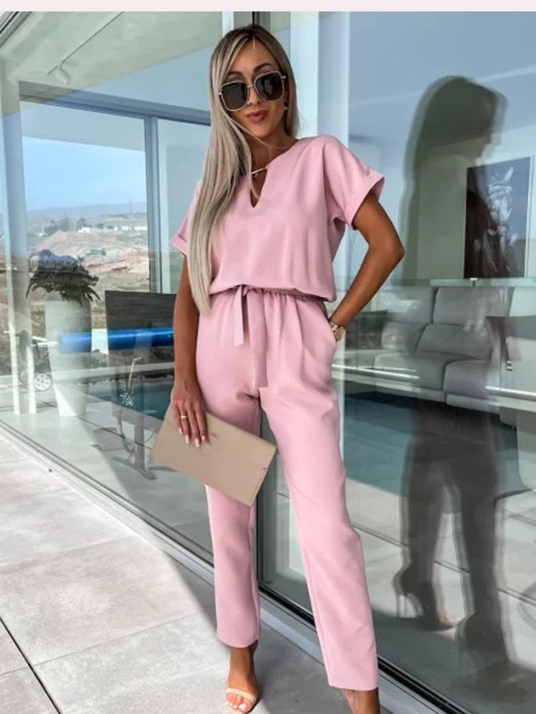 Norvielle Damen Jumpsuit Kurzärmelig Mit Gürtel Elegant