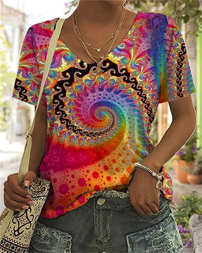 Damen Sommerbluse Boho Spiralprint V-Ausschnitt Kurzarm Leicht - Norvielle