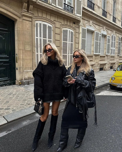Damen Oversize Rollkragen Strickpullover Grobgestrickt