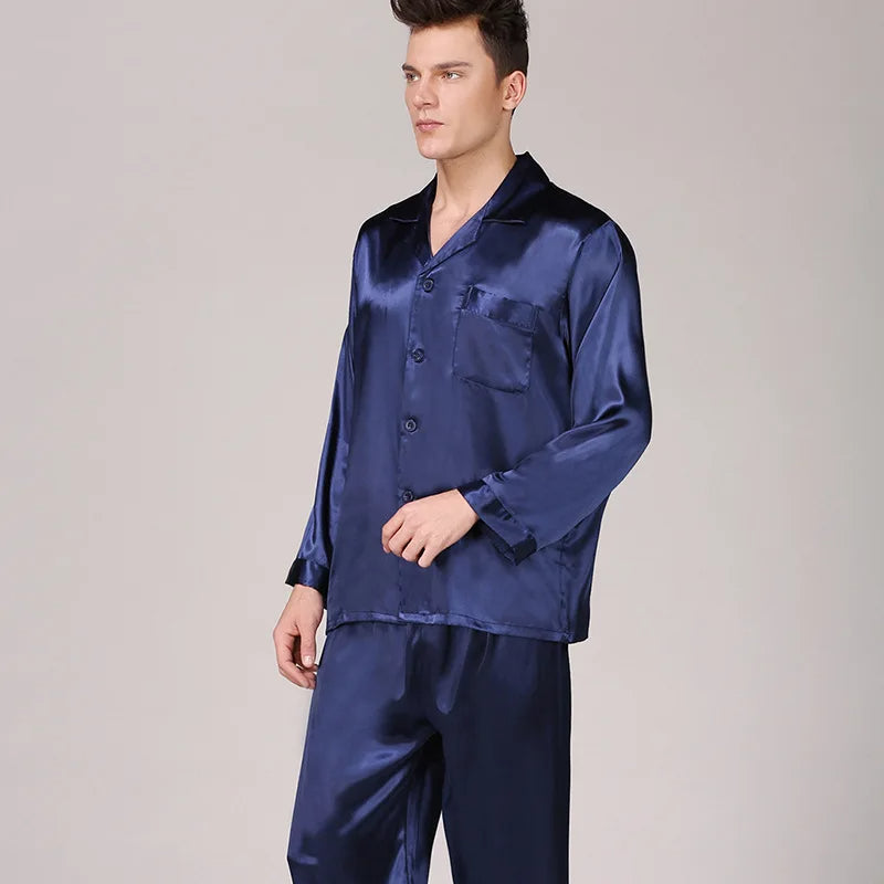 Herren Seidenpyjama Langarm Satin Blau - Norvielle
