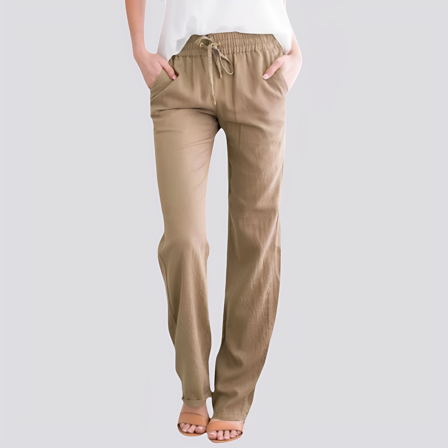 Damen Hose Elastischer Bund Leicht Beige - Norvielle