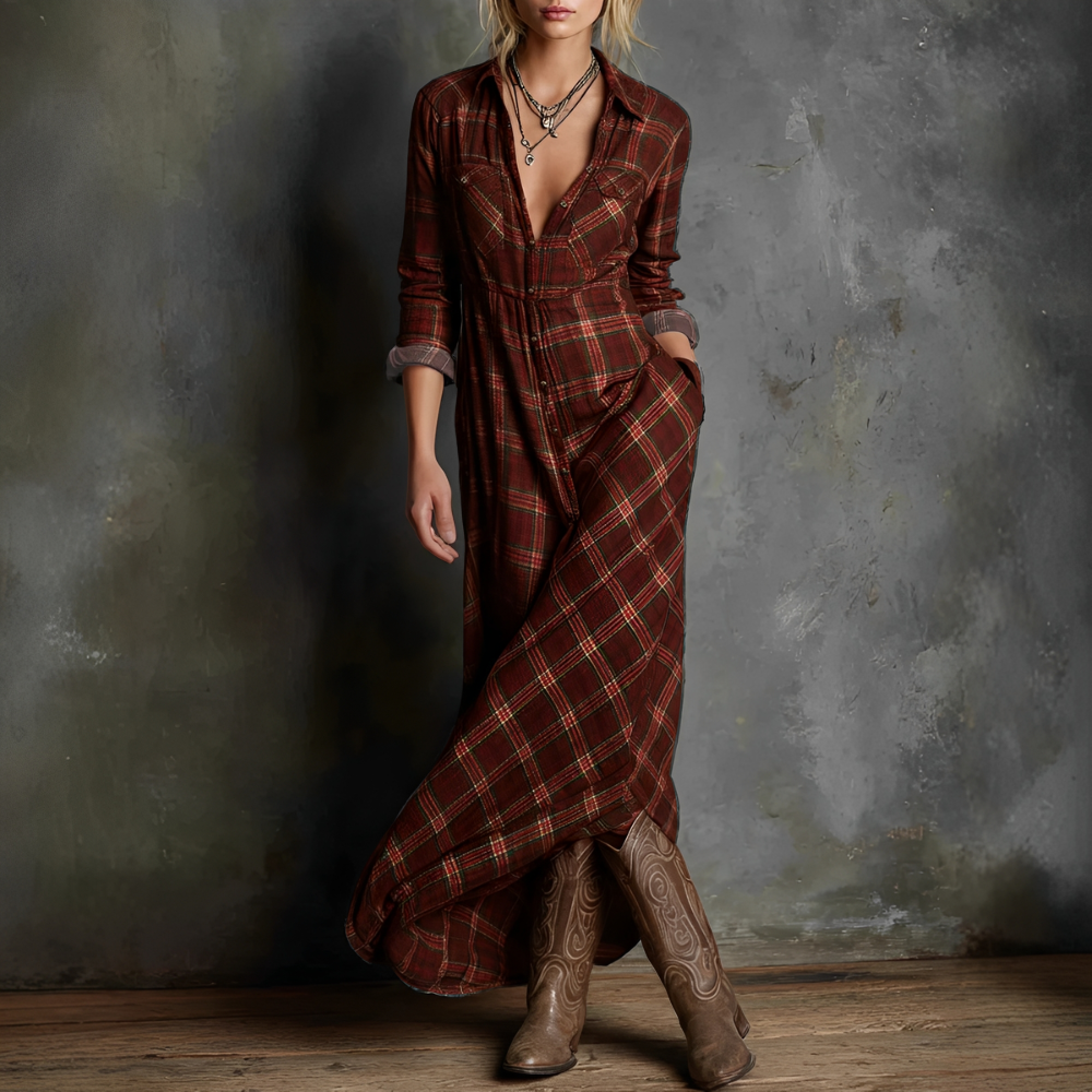 Damen Kleid Kariert Revers Lässig
