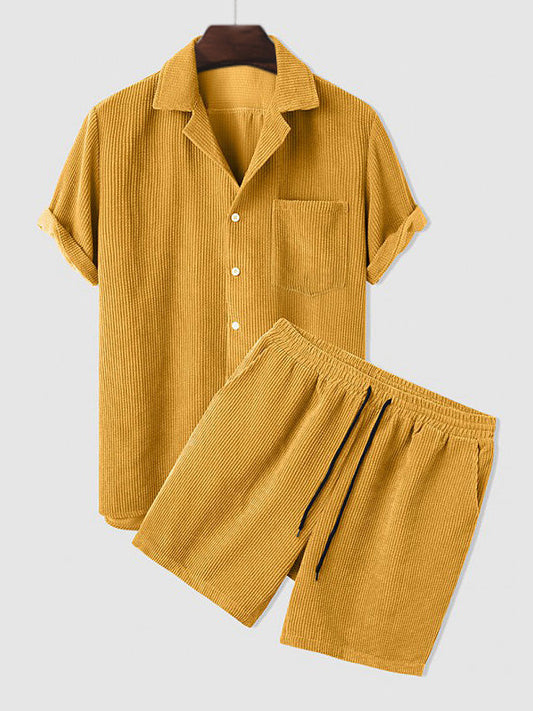 Herren Cord-Zweiteiler Kurzarm Shorts-Set Beige - Norvielle