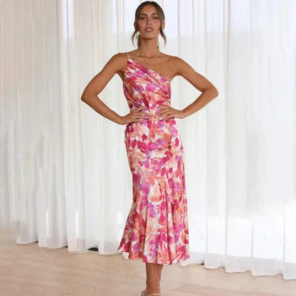Damen Sommerkleid Asymmetrisch Blumendruck Figurbetont