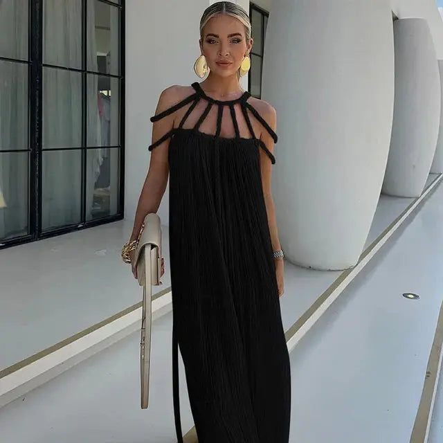 Damen Maxikleid Boho-Stil mit Drapierung und Dekor-Trägern - Norvielle