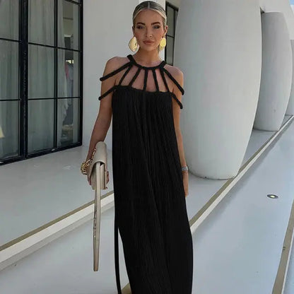 Damen Maxikleid Boho-Stil mit Drapierung und Dekor-Trägern - Norvielle