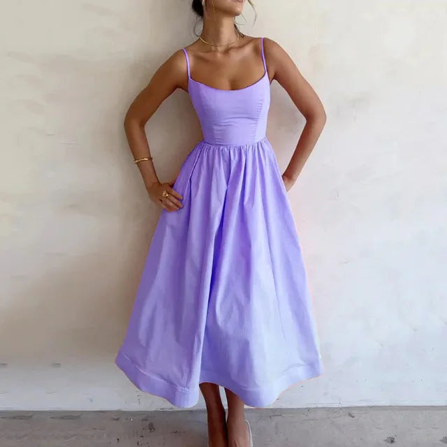 Damen Sommerkleid A-Linie Midi Länge Spaghettiträger