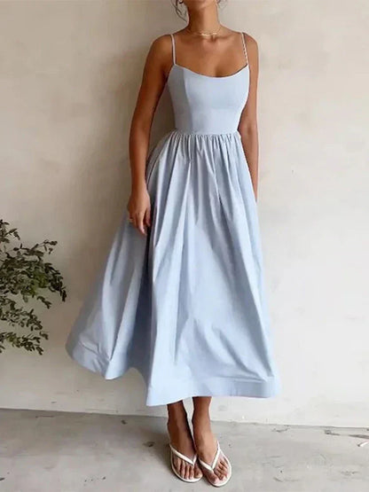Damen Sommerkleid A-Linie Midi Länge Spaghettiträger