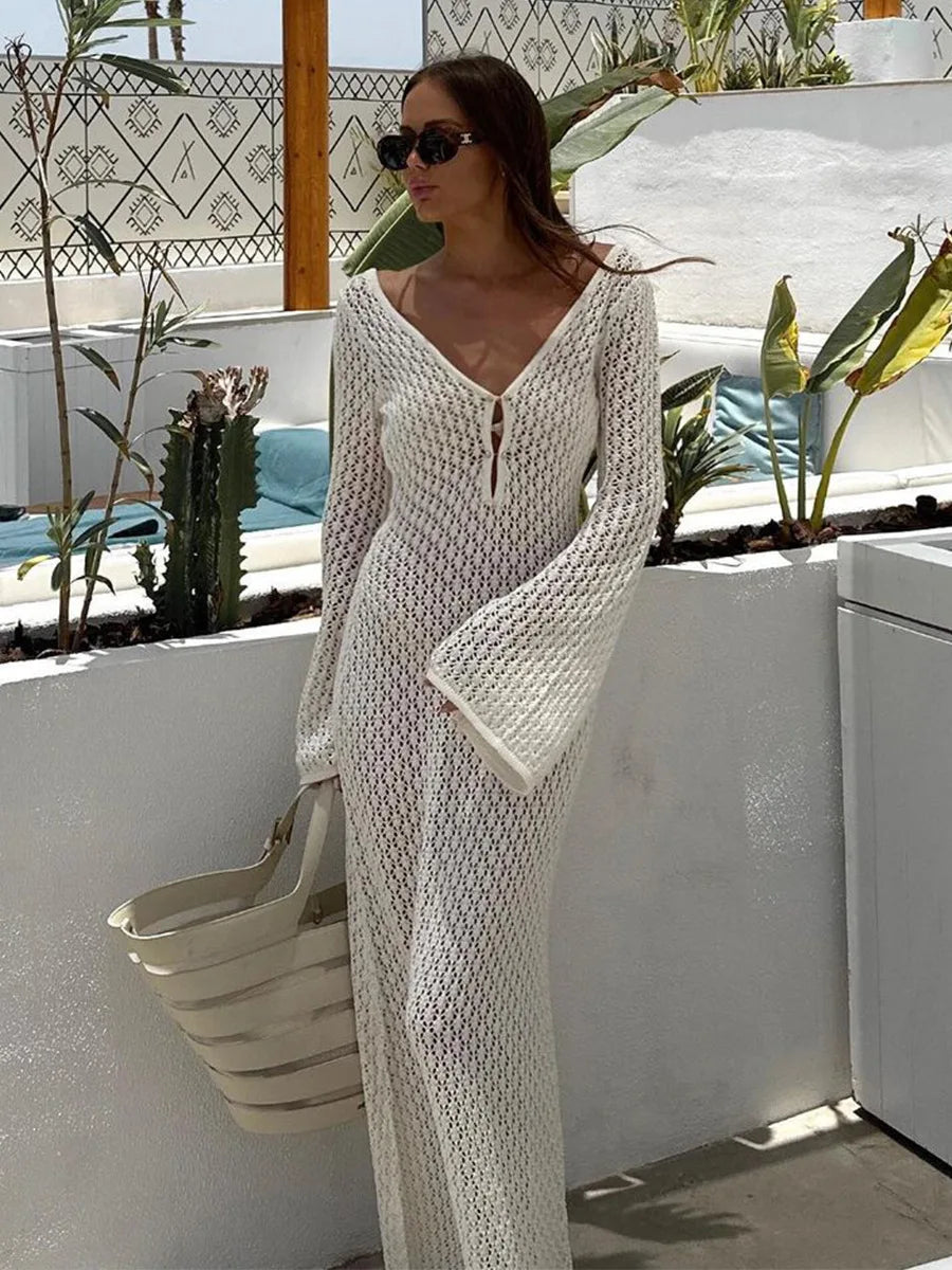 Damen Maxi-Kleid Häkeloptik Tiefes Dekolleté Länge Langärmlig