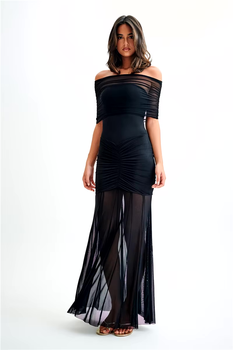 Damen Maxi-Kleid Off-Shoulder Mesh Elegantes Design