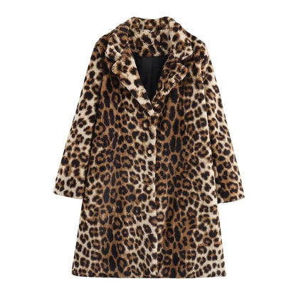 Leoparden Wintermantel Damen Kunstfell Schwarz - Norvielle