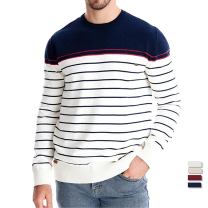 Herren Pullover Streifenmuster Merino-Wolle Bequem Marineblau