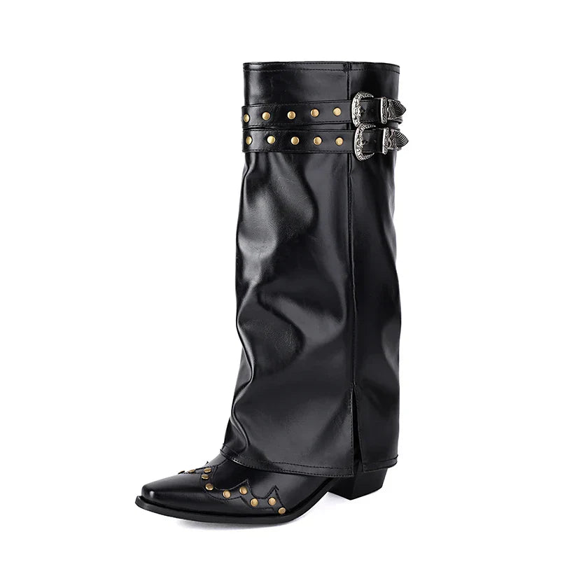Western Kniestiefel Damen Doppel-Schnalle Spitze Kappe