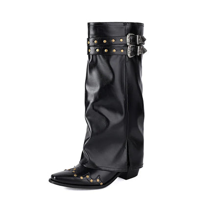 Western Kniestiefel Damen Doppel-Schnalle Spitze Kappe