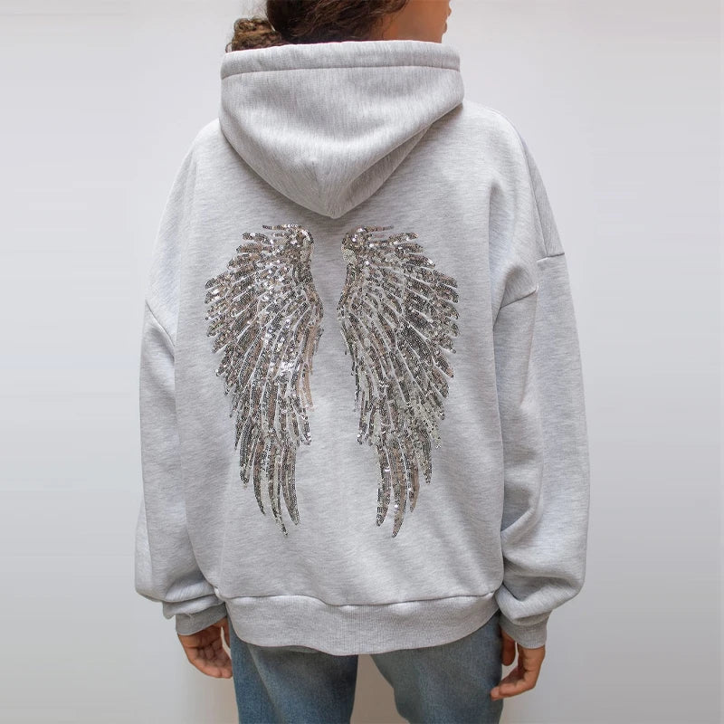 Grauer Hoodie mit Pailletten-Flügeln Damen Sweatshirt Glitzer - Norvielle