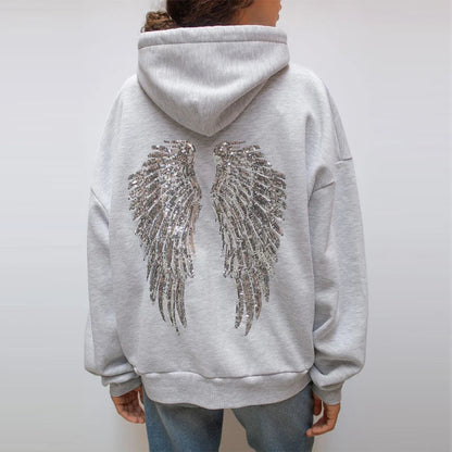 Grauer Hoodie mit Pailletten-Flügeln Damen Sweatshirt Glitzer - Norvielle