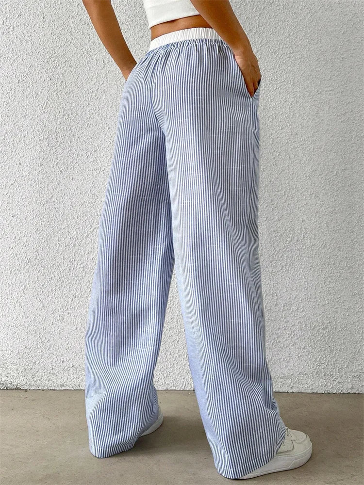 Norvielle Damenweite Hose Streifendruck Bequem Schwarz - Norvielle