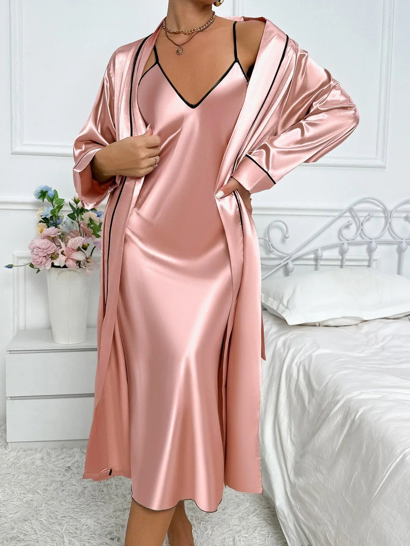 Damen Pyjama Set Zweiteiler Langarm Morgenmantel Ärmelloses Kleid