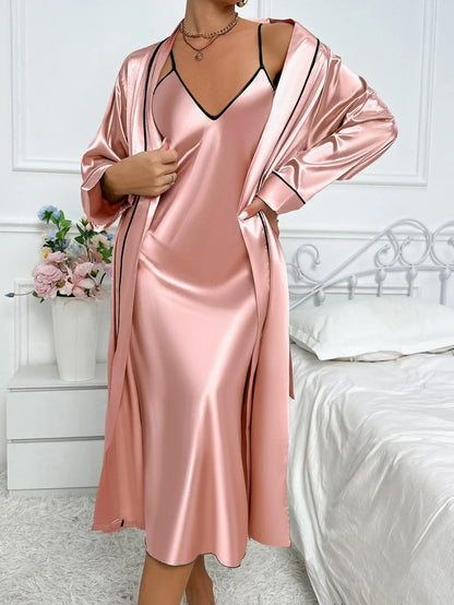 Damen Pyjama Set Zweiteiler Langarm Morgenmantel Ärmelloses Kleid