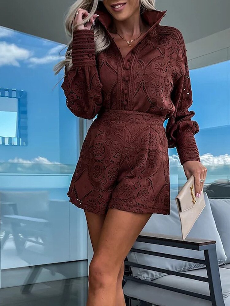 Damen Lochspitzenbluse und Shorts-Set