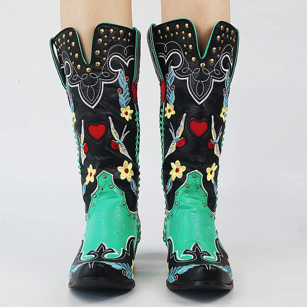 Damen Cowboy-Stiefel Bestickt Bunte Blumen Blockabsatz Western-Look