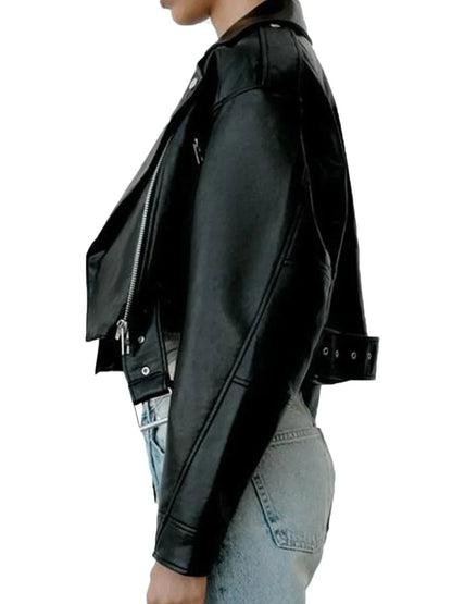 Damen Bikerjacke Cropped Asymmetrischer Reißverschluss Leder