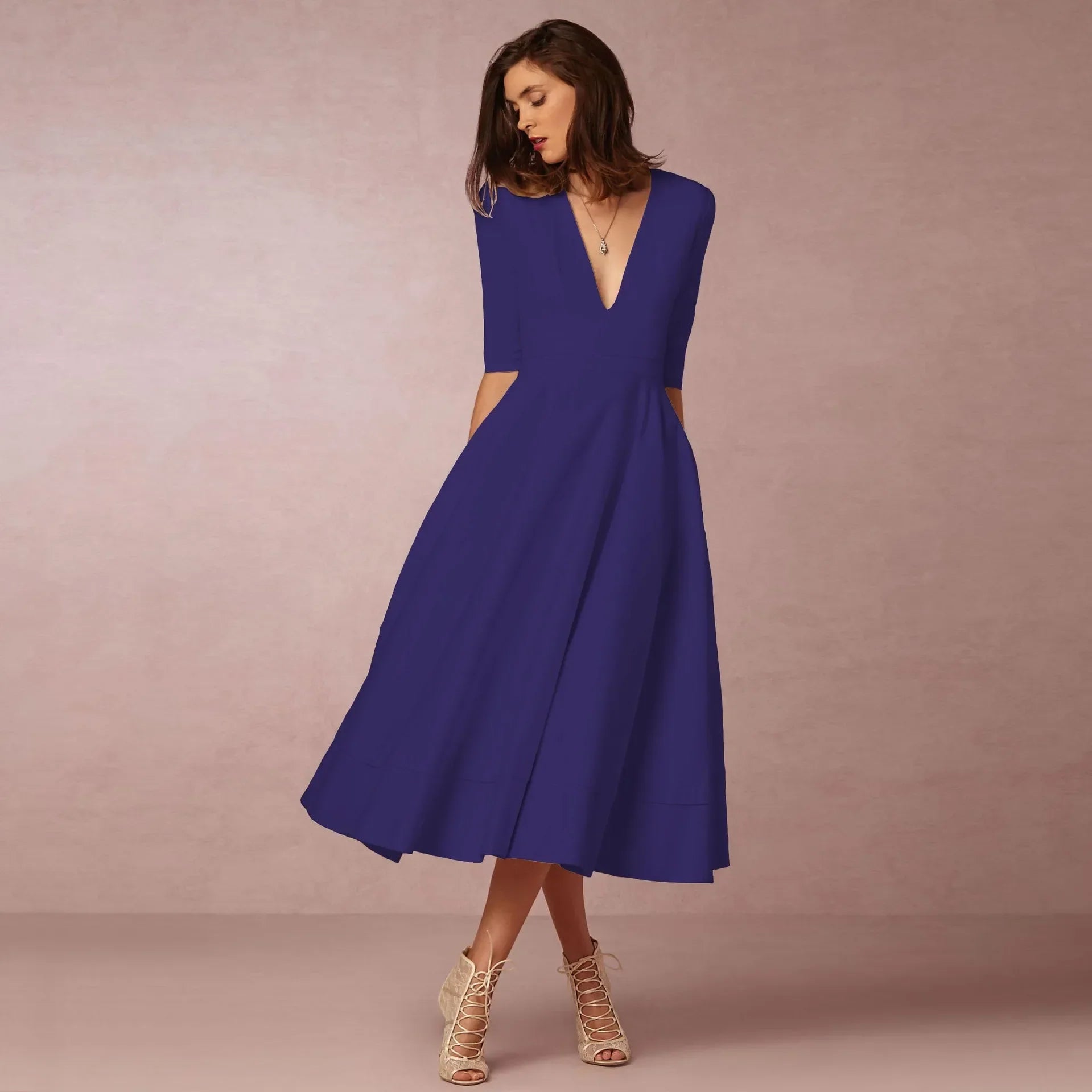 Damen Midi Hochzeitsgastkleid V-Ausschnitt - Norvielle