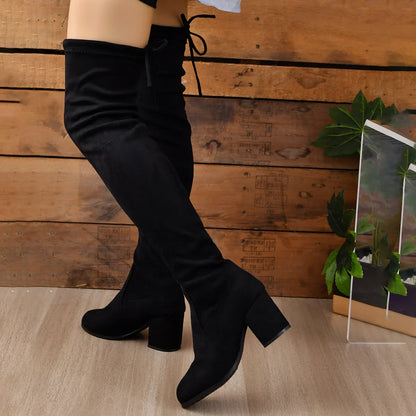 Damen Overknee Stiefel Blockabsatz Hoch Schaft