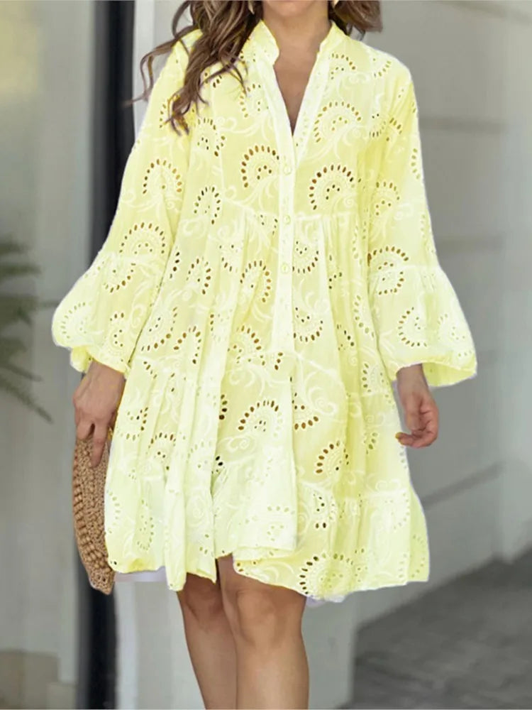 Damen Spitzenkleid Boho-Stil Knopfleiste Weite Ärmel
