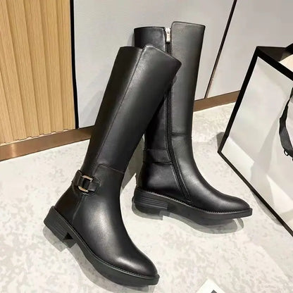Damen Knee High Stiefel Metallschnalle Reißverschluss