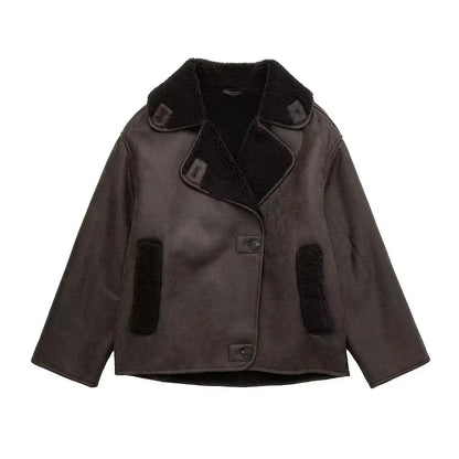 Damen Winterjacke Kunstleder Plüschfutter Breiter Kragen