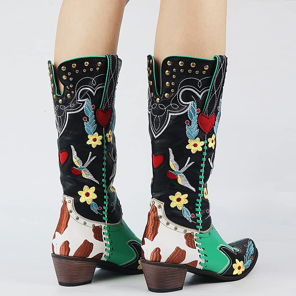 Damen Cowboy-Stiefel Bestickt Bunte Blumen Blockabsatz Western-Look