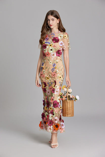 Damen Maxikleid Blumenapplikationen Sommerkleid