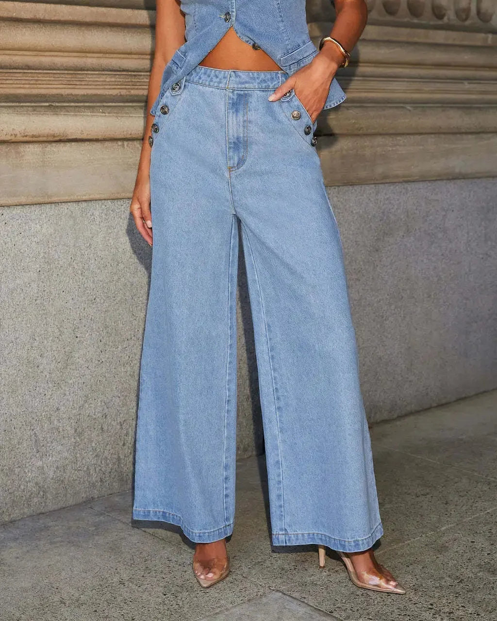 Damen Denim Zweiteiler Set Weste Weitbein Hose
