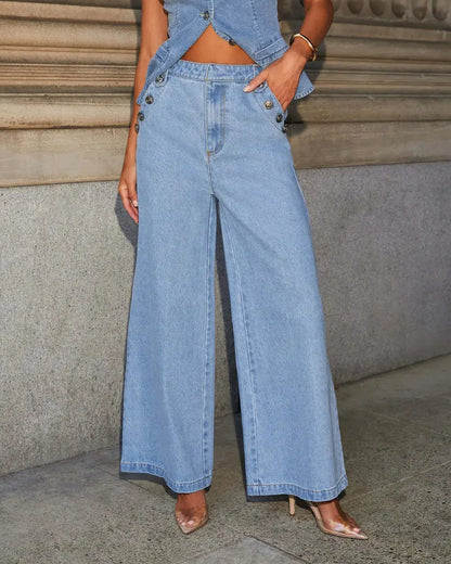 Damen Denim Zweiteiler Set Weste Weitbein Hose