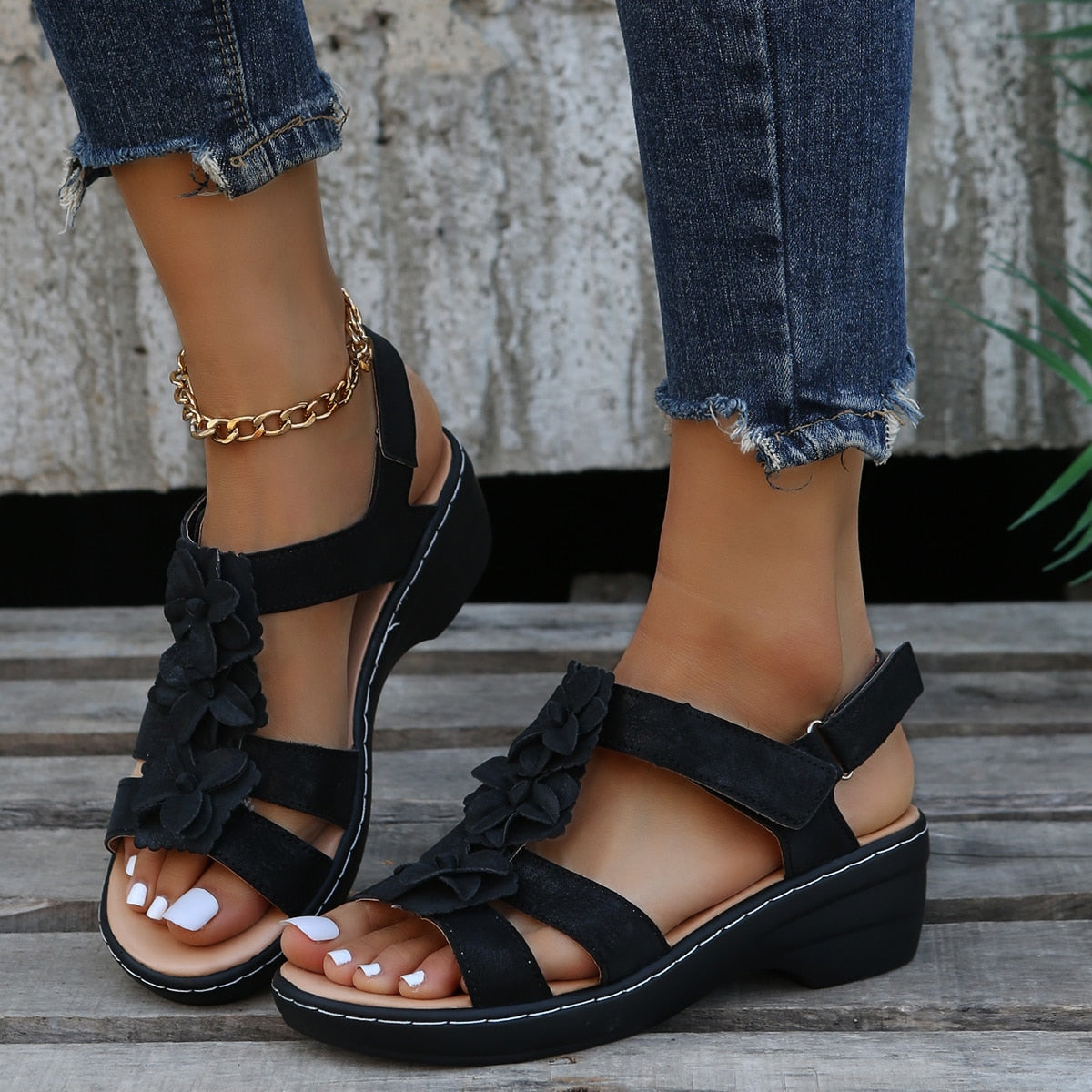 Norvielle Damen Orthopädische Sandalen Schwarz Blumenmuster - Norvielle