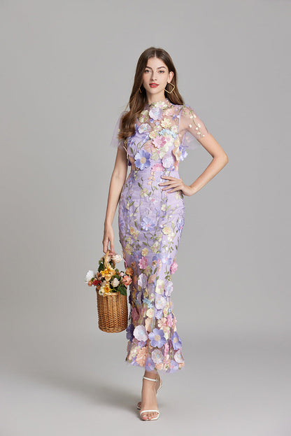 Damen Maxikleid Transparent Blumenstickerei