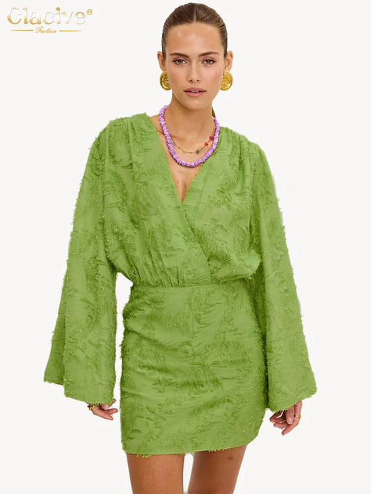 Damenkleid Gelb V-Ausschnitt Langarm Mini Kleid - Norvielle