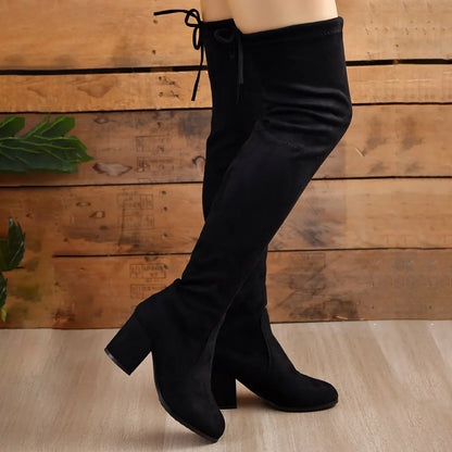 Damen Overknee Stiefel Blockabsatz Hoch Schaft