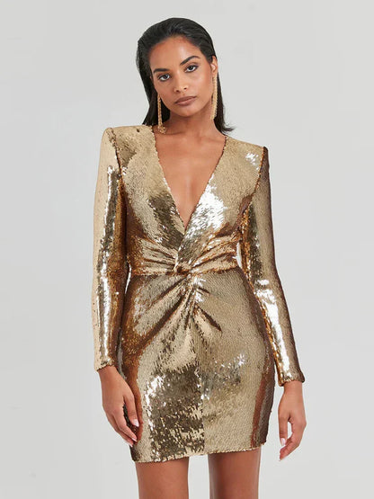 Hanna Damen Mini Kleid Pailletten Lange Ärmel Plissee